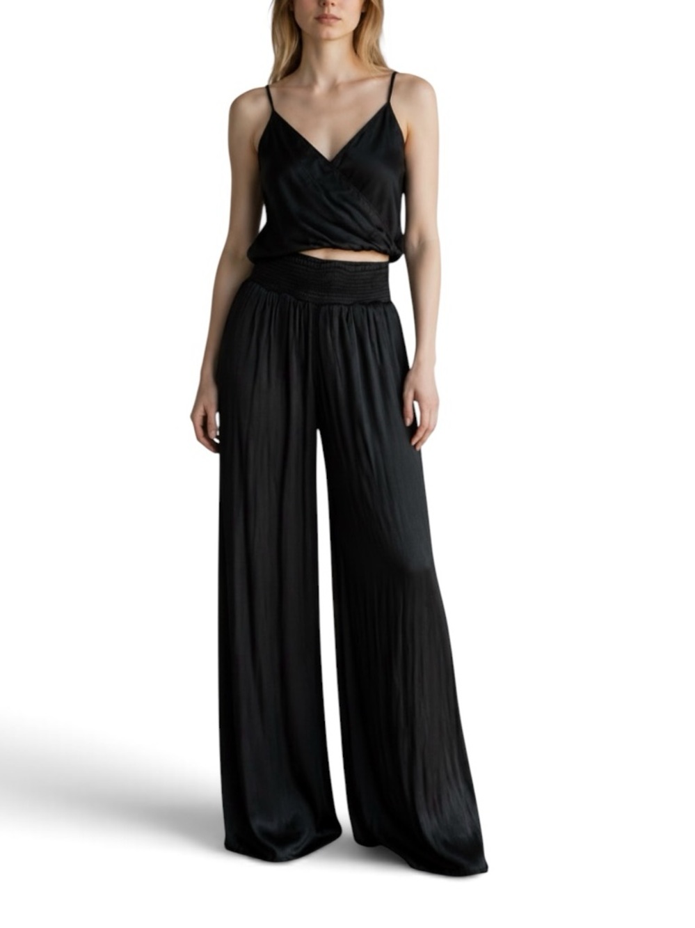 NAKED ZEBRA Smocked Waist Palazzo Pants & Matching Cross Over Cami - Black, L
